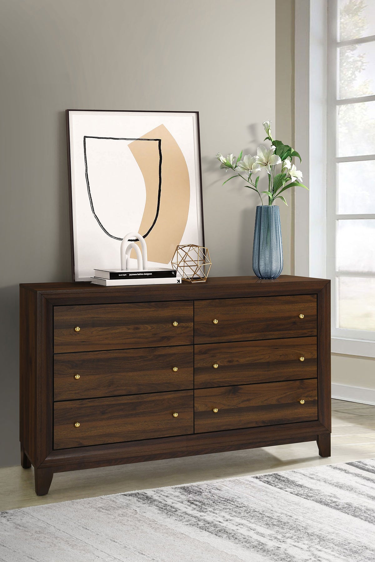 Welsley Upholstered Panel Bed & Bedroom Sets - Modern Walnut with Taupe Headboard & Gold Knobs - lifestyle