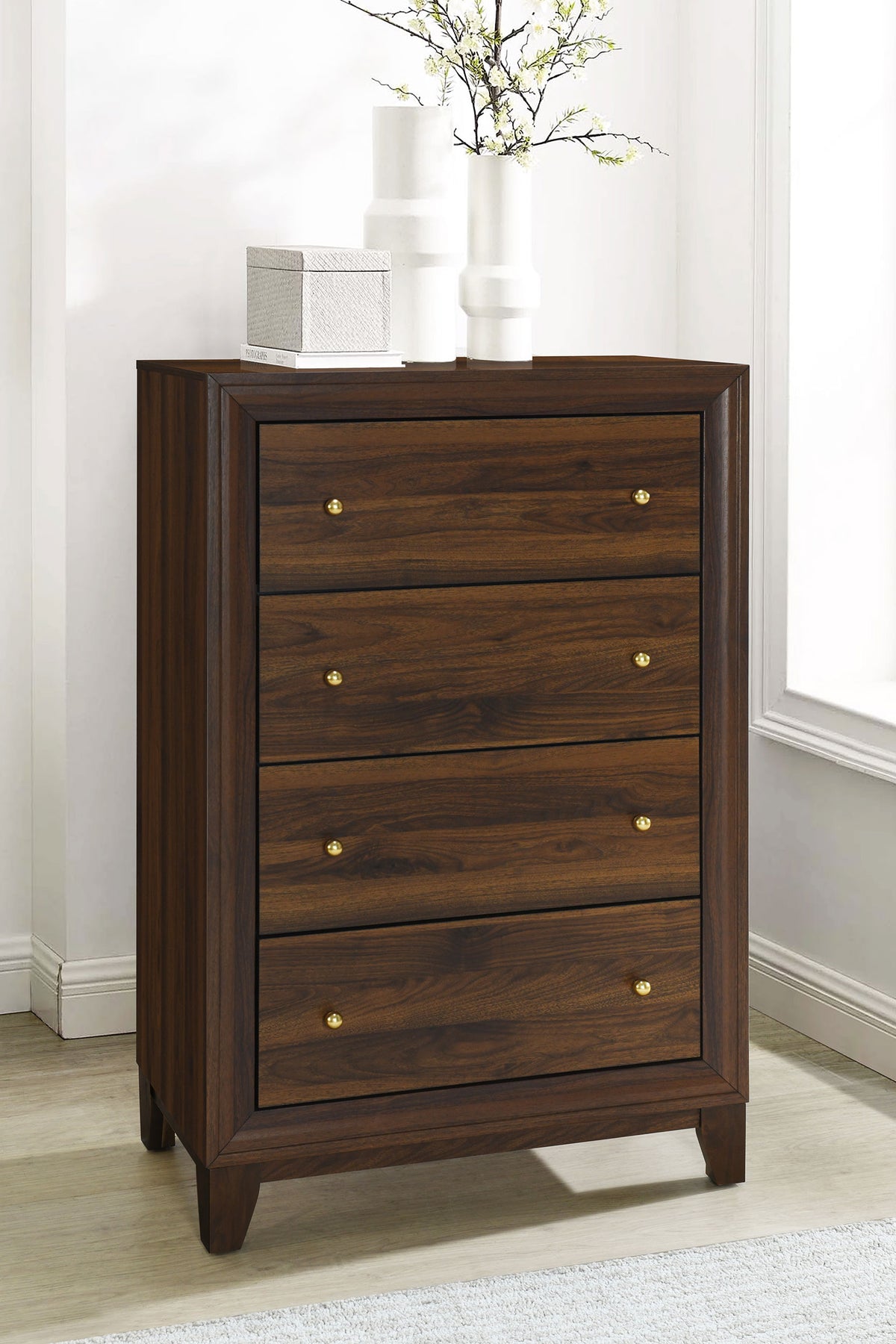 Welsley Upholstered Panel Bed & Bedroom Sets - Modern Walnut with Taupe Headboard & Gold Knobs - lifestyle