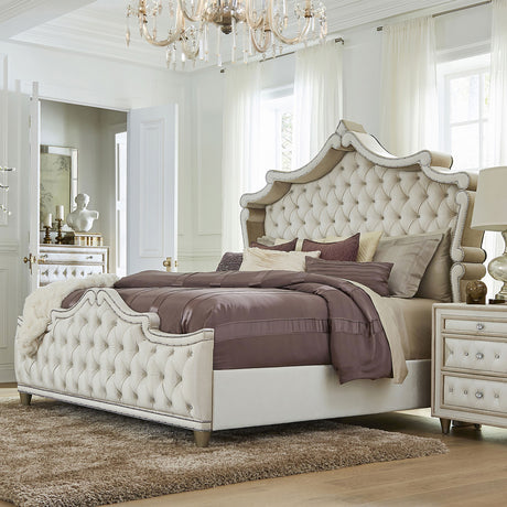 Antonella Upholstered Panel Bed & Bedroom Sets - French Provincial Tufting with Crystal Buttons in Ivory & Camel – view 18