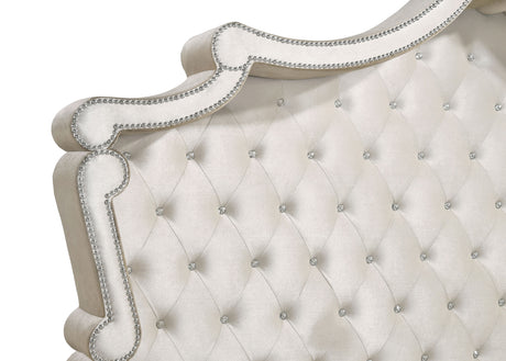 Antonella Upholstered Panel Bed & Bedroom Sets - French Provincial Tufting with Crystal Buttons in Ivory & Camel – view 19