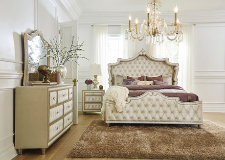 Antonella Upholstered Panel Bed & Bedroom Sets - 4pcs- California King Bed + Nightstand + Dresser + Mirror