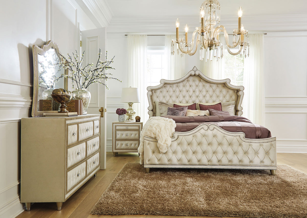 Antonella Upholstered Panel Bed & Bedroom Sets - 4pcs- Queen Bed + Nightstand + Dresser + Mirror