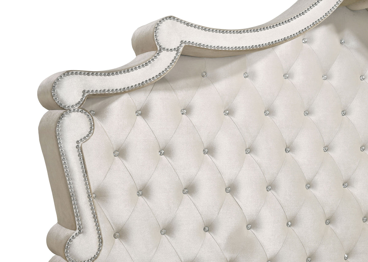 Antonella Upholstered Panel Bed & Bedroom Sets - French Provincial Tufting with Crystal Buttons in Ivory & Camel – view 15