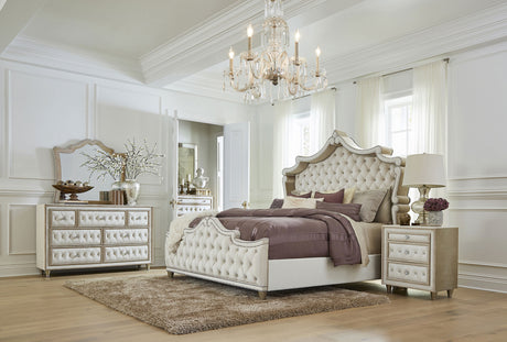 Antonella Upholstered Panel Bed & Bedroom Sets - French Provincial Tufting with Crystal Buttons in Ivory & Camel – view 17