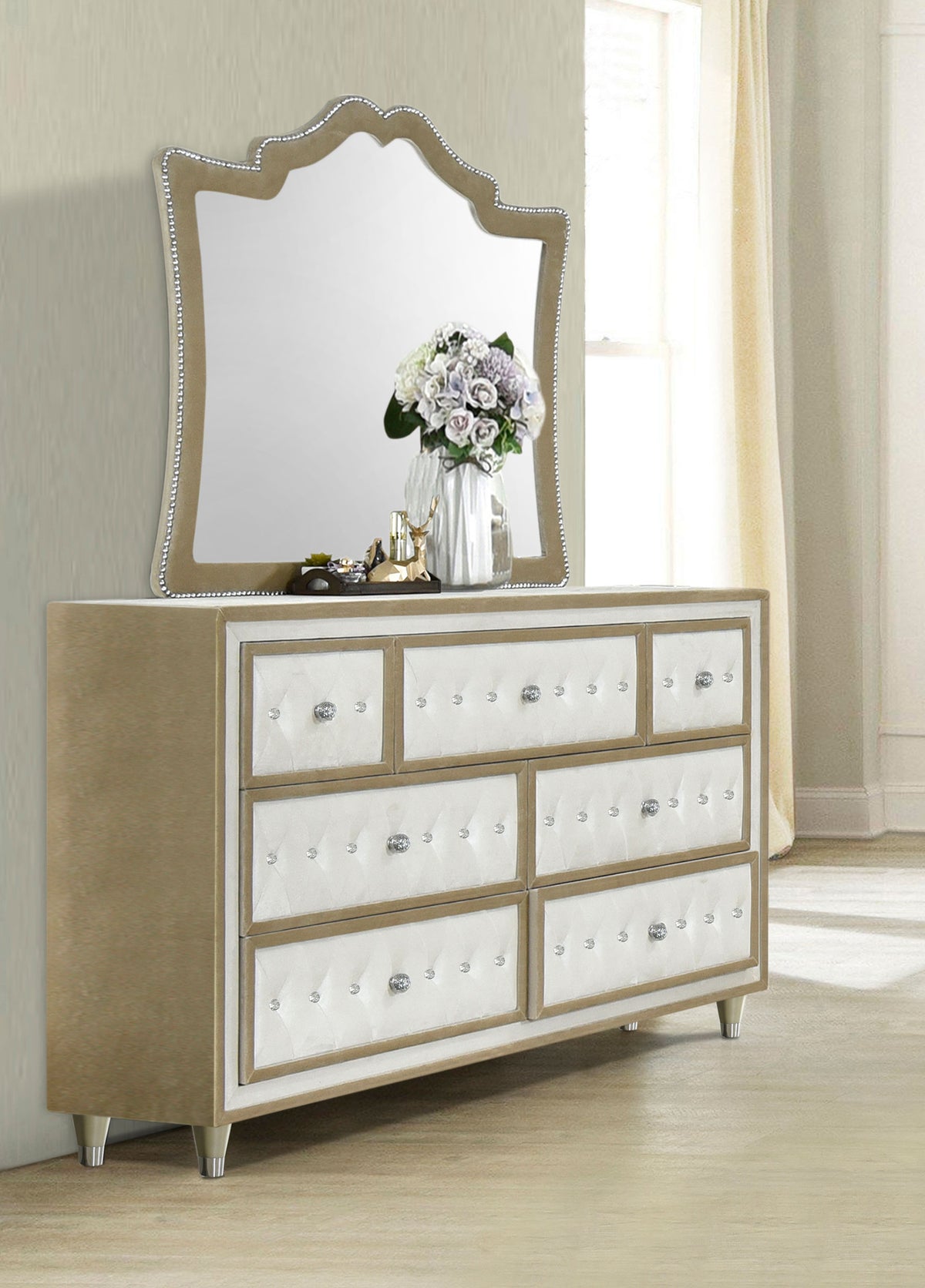Antonella Upholstered Panel Bed & Bedroom Sets - French Provincial Tufting with Crystal Buttons in Ivory & Camel - lifestyle