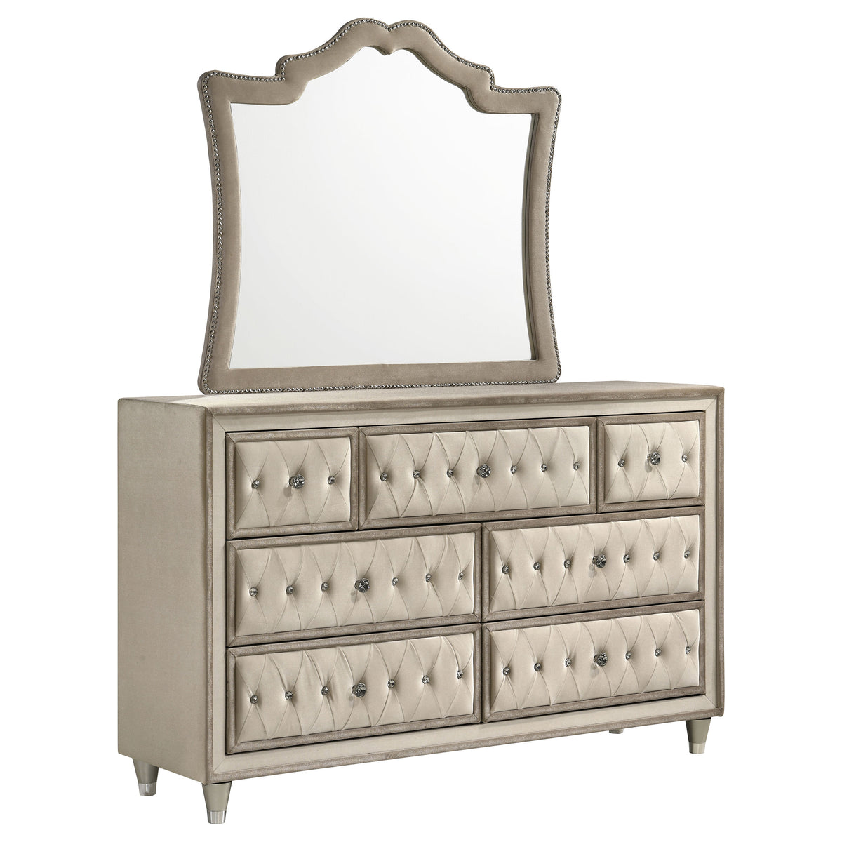 Antonella Upholstered Panel Bed & Bedroom Sets - Dresser + Mirror