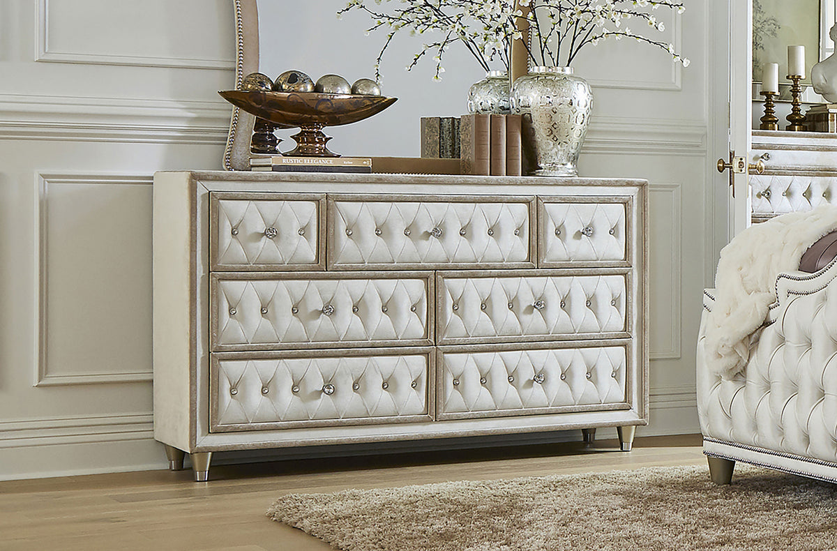 Antonella Upholstered Panel Bed & Bedroom Sets - French Provincial Tufting with Crystal Buttons in Ivory & Camel - lifestyle