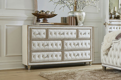 Antonella Upholstered Panel Bed & Bedroom Sets - French Provincial Tufting with Crystal Buttons in Ivory & Camel - lifestyle