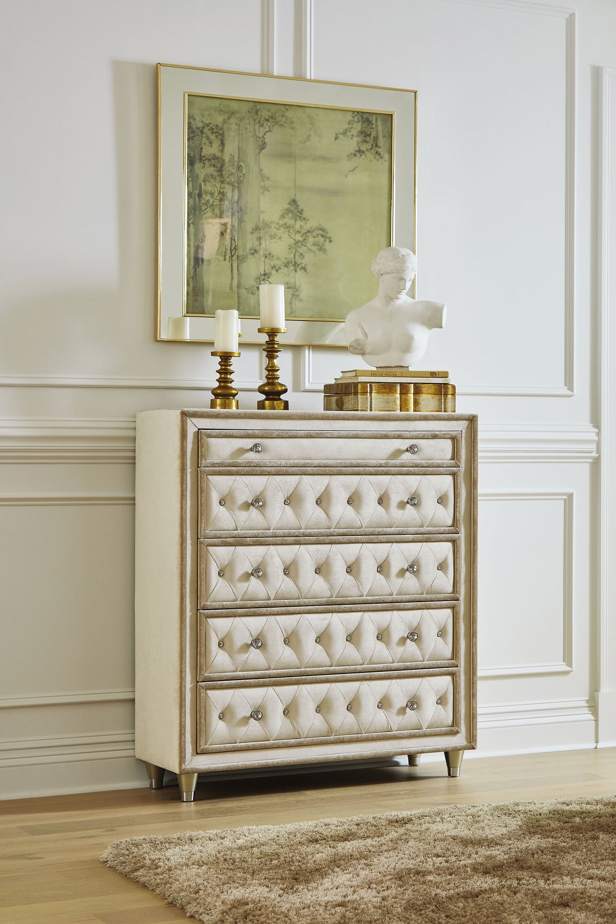 Antonella Upholstered Panel Bed & Bedroom Sets - French Provincial Tufting with Crystal Buttons in Ivory & Camel - lifestyle