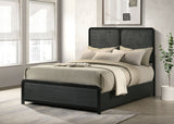 Cavelle Upholstered Panel Bed & Bedroom Sets - Charcoal Chenille Headboard with Burnished Black Frame & Brass Knobs - lifestyle