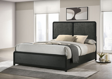 Cavelle Upholstered Panel Bed & Bedroom Sets - Charcoal Chenille Headboard with Burnished Black Frame & Brass Knobs - lifestyle