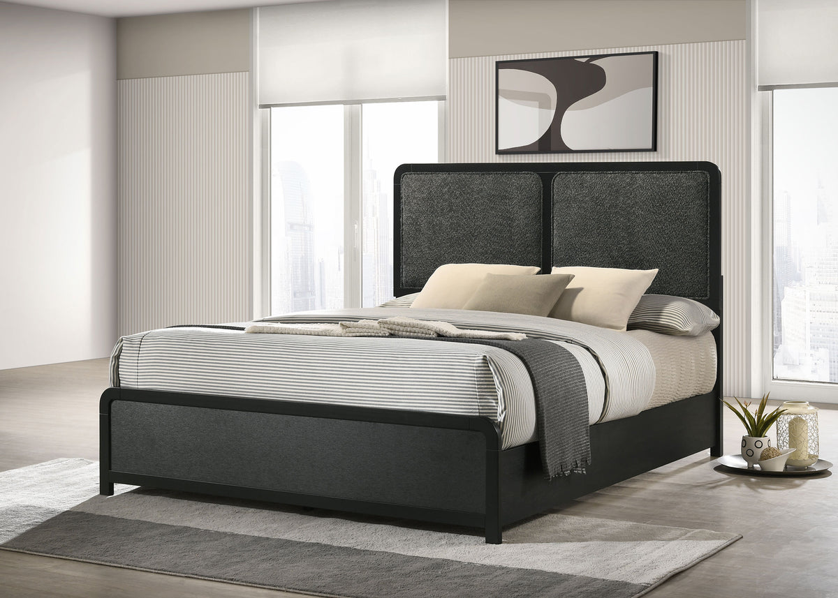 Cavelle Upholstered Panel Bed & Bedroom Sets - Charcoal Chenille Headboard with Burnished Black Frame & Brass Knobs - lifestyle