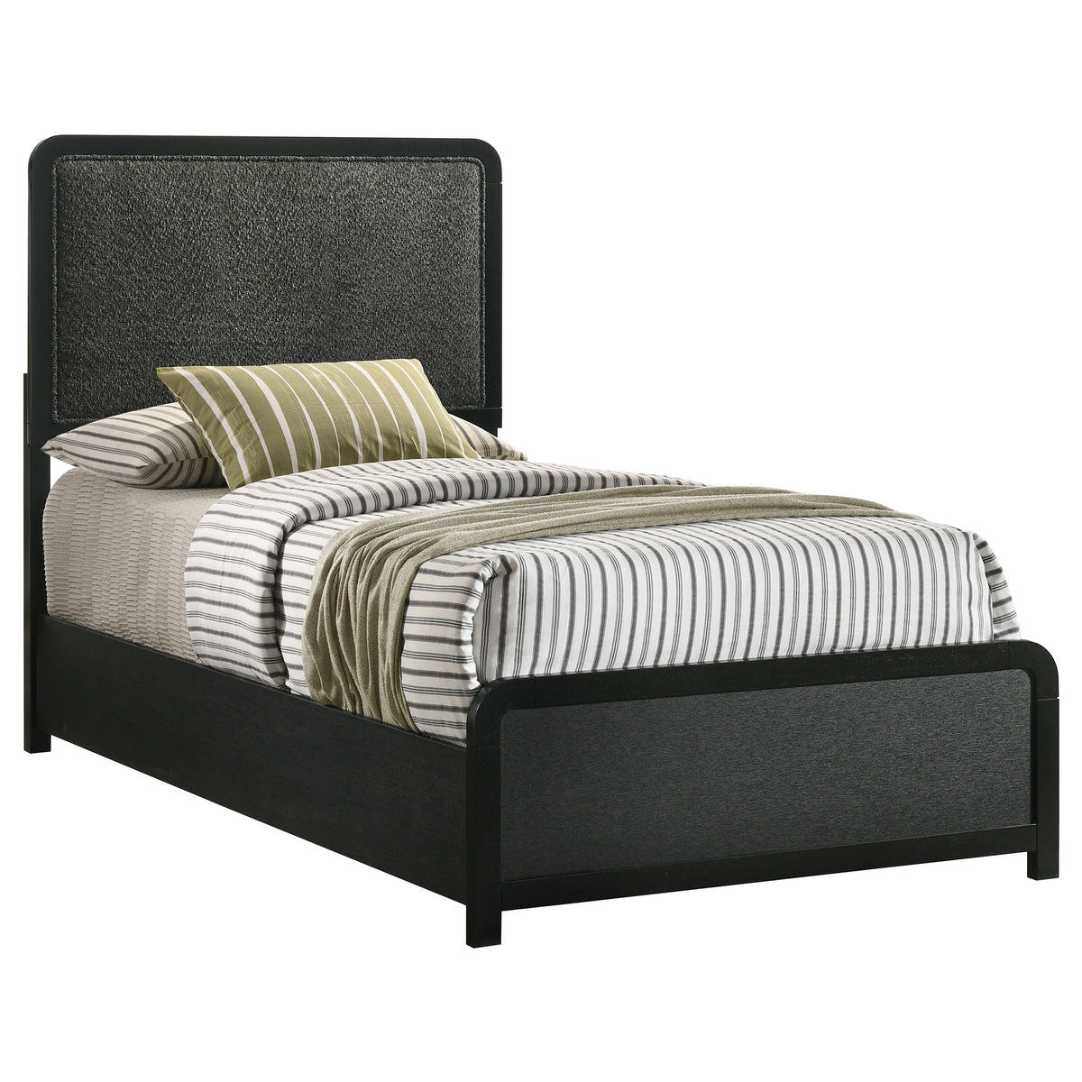 Cavelle Upholstered Panel Bed & Bedroom Sets - Charcoal Chenille Headboard with Burnished Black Frame & Brass Knobs – view 18