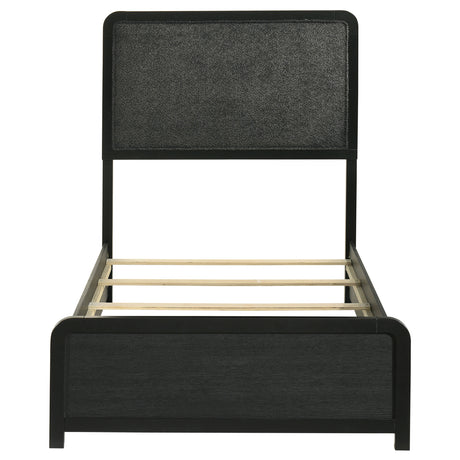 Cavelle Upholstered Panel Bed & Bedroom Sets - Charcoal Chenille Headboard with Burnished Black Frame & Brass Knobs – view 19