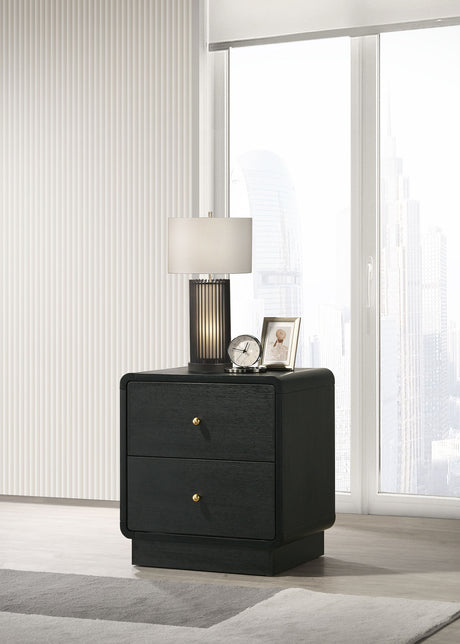 Cavelle Upholstered Panel Bed & Bedroom Sets - Charcoal Chenille Headboard with Burnished Black Frame & Brass Knobs - lifestyle