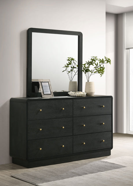 Cavelle Upholstered Panel Bed & Bedroom Sets - Charcoal Chenille Headboard with Burnished Black Frame & Brass Knobs - lifestyle