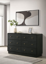 Cavelle Upholstered Panel Bed & Bedroom Sets - Charcoal Chenille Headboard with Burnished Black Frame & Brass Knobs - lifestyle