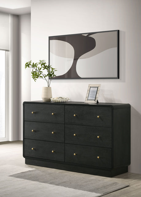 Cavelle Upholstered Panel Bed & Bedroom Sets - Charcoal Chenille Headboard with Burnished Black Frame & Brass Knobs - lifestyle
