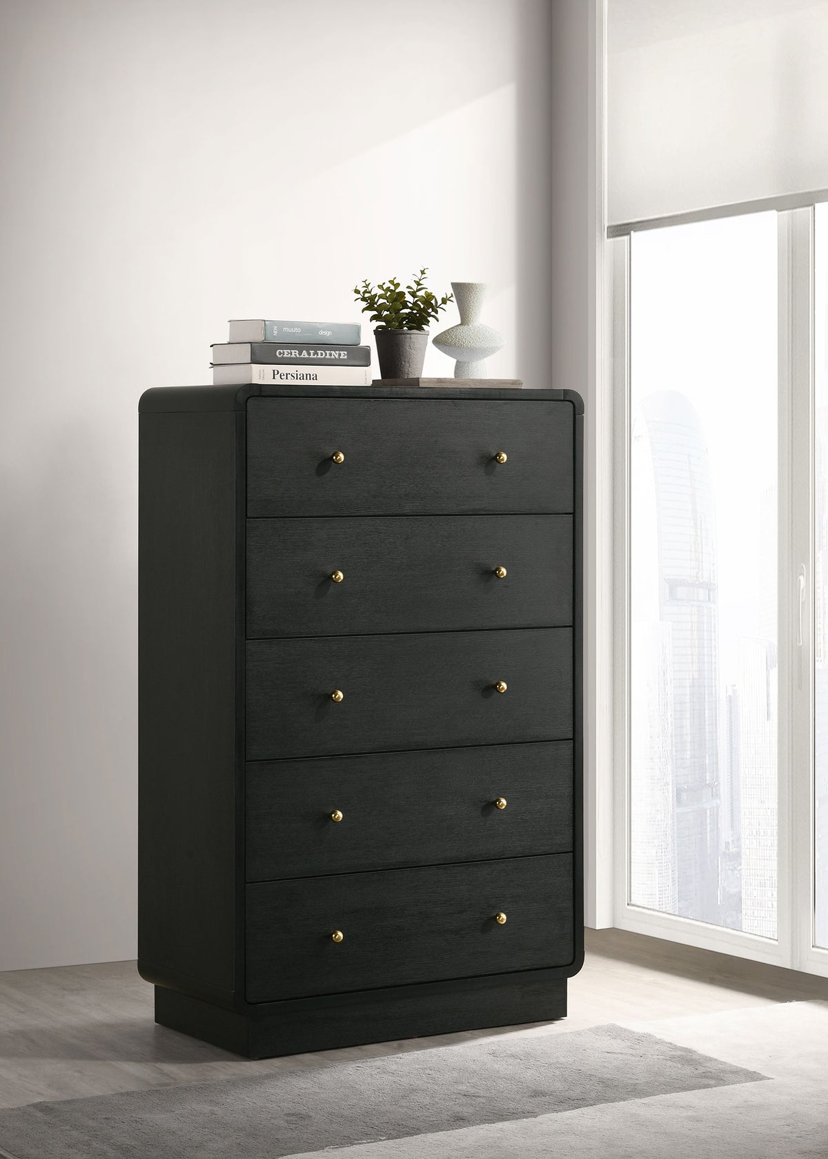 Cavelle Upholstered Panel Bed & Bedroom Sets - Charcoal Chenille Headboard with Burnished Black Frame & Brass Knobs - lifestyle