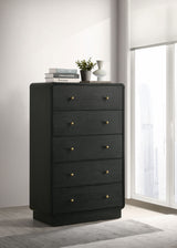 Cavelle Upholstered Panel Bed & Bedroom Sets - Charcoal Chenille Headboard with Burnished Black Frame & Brass Knobs - lifestyle
