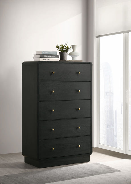 Cavelle Upholstered Panel Bed & Bedroom Sets - Charcoal Chenille Headboard with Burnished Black Frame & Brass Knobs - lifestyle
