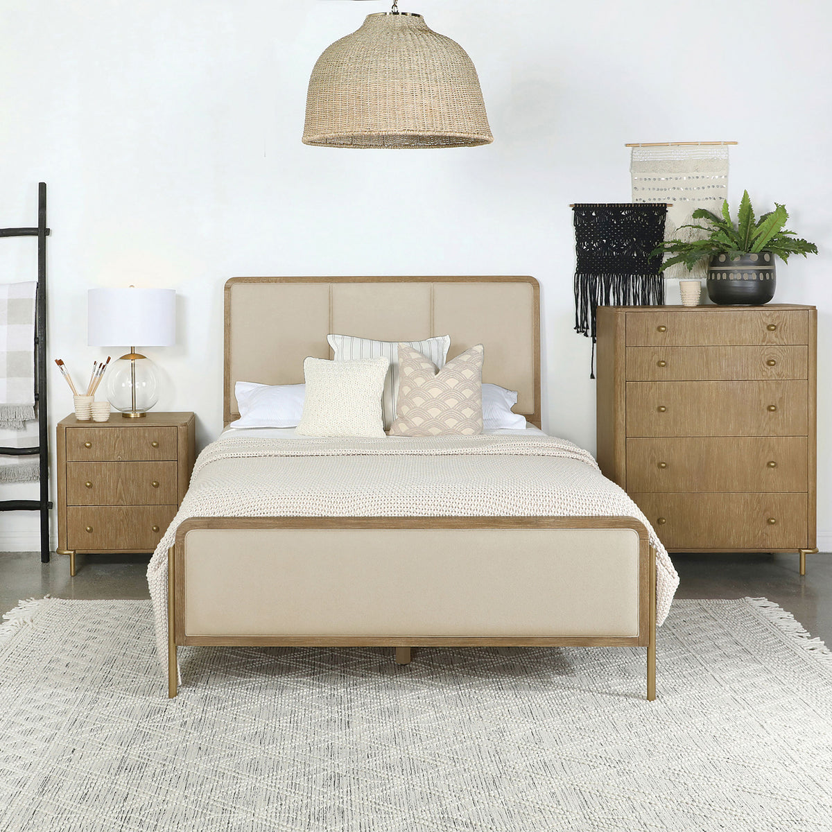 Arini Panel Bed & Bedroom Sets - Cream Upholstered or Natural Cane Bed in Sand Wash with Aged Brass Accents - lifestyle