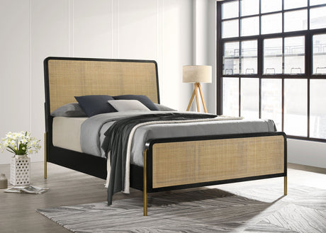 Arini Panel Bed & Bedroom Sets - Cream Upholstered or Woven Cane Panels with Aged Brass Legs in Black - lifestyle