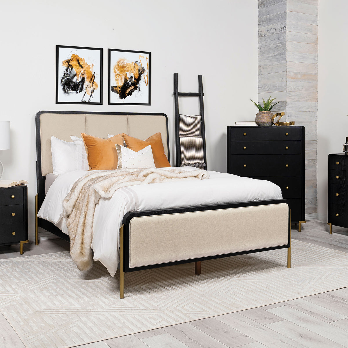 Arini Panel Bed & Bedroom Sets - Cream Upholstered or Woven Cane Panels with Aged Brass Legs in Black - lifestyle