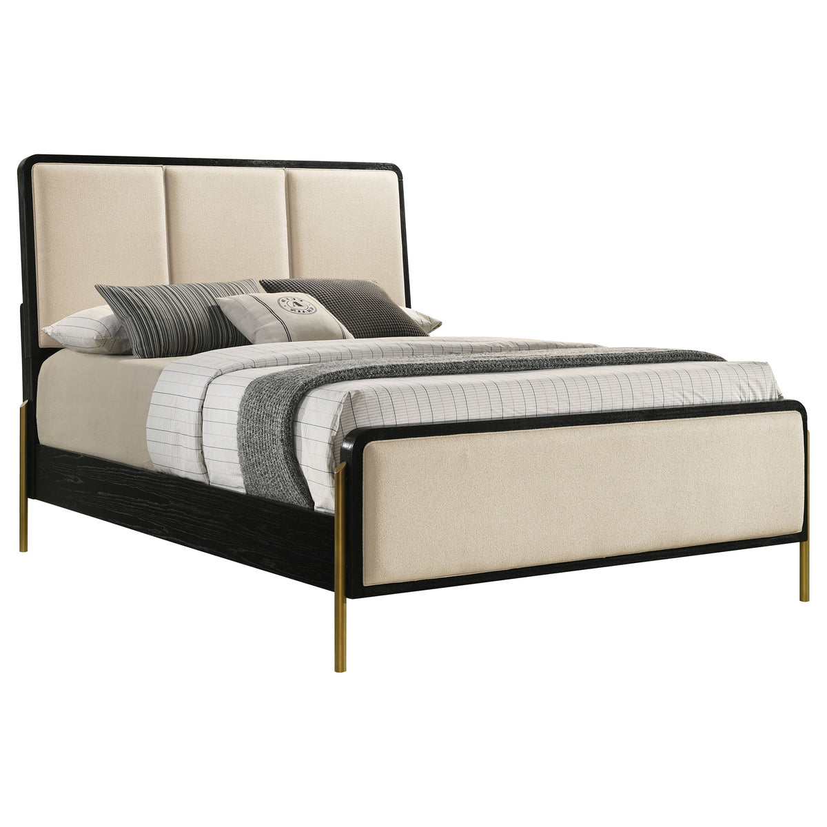 Arini Panel Bed & Bedroom Sets - Cream Upholstered or Woven Cane Panels with Aged Brass Legs in Black