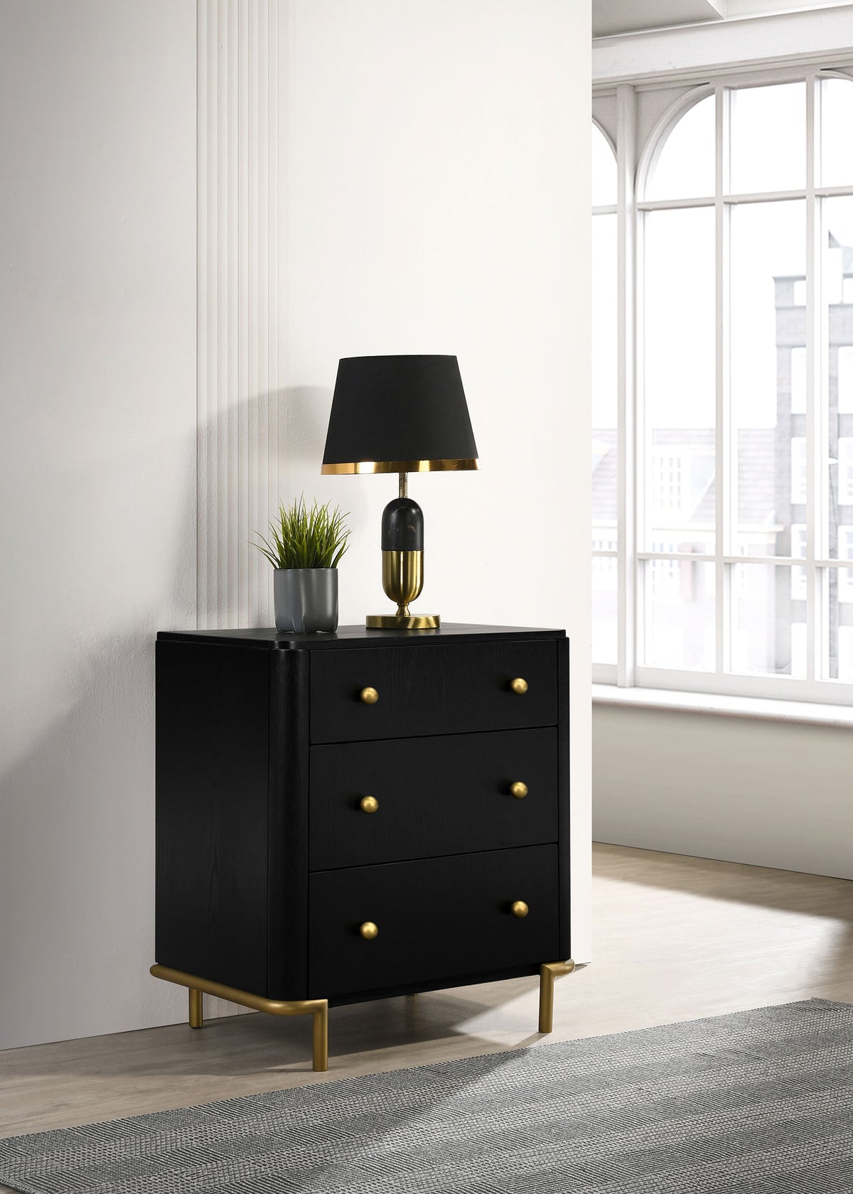 Arini Bedroom Storage & Vanity Collection - Dresser, Chest, Nightstand, Mirrors & Vanity in Black with Aged Brass - lifestyle