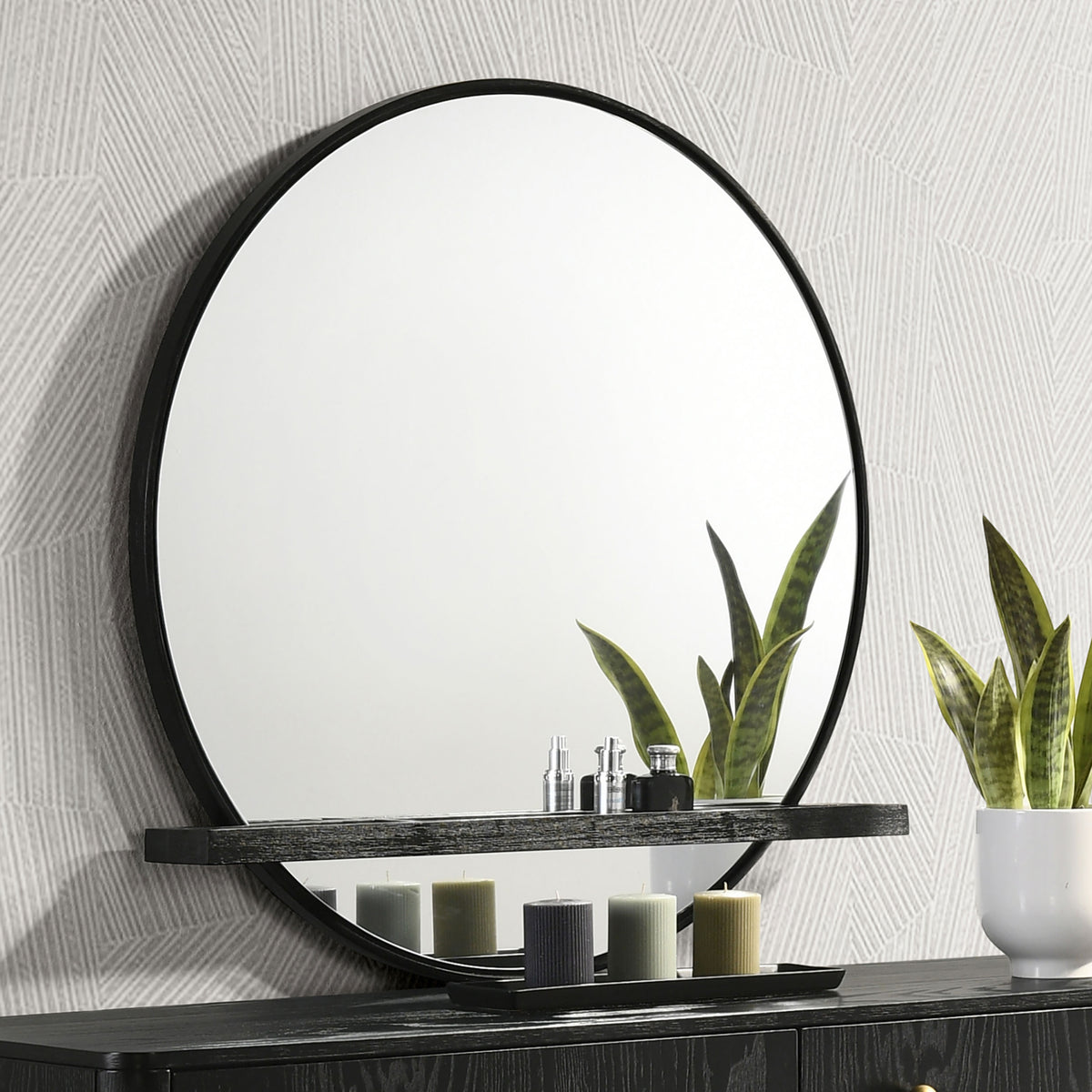 Arini Bedroom Storage & Vanity Collection - Dresser, Chest, Nightstand, Mirrors & Vanity in Black with Aged Brass - lifestyle