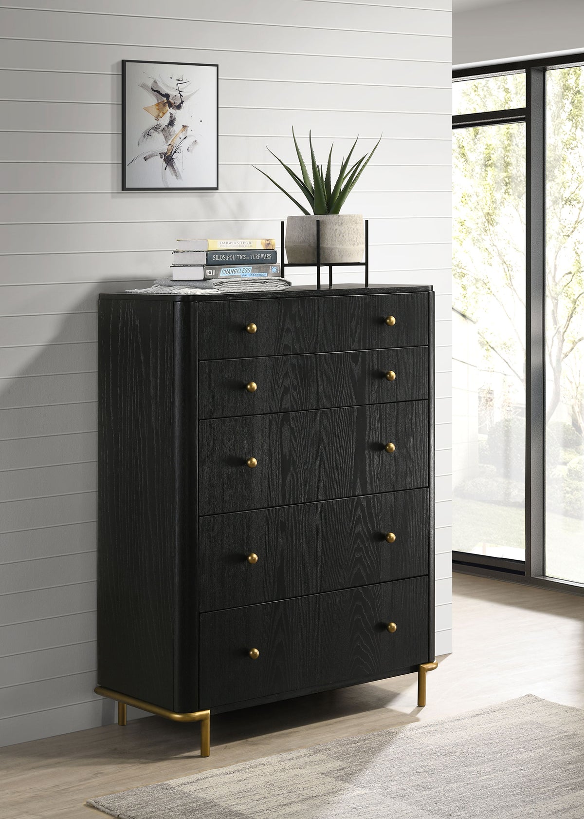 Arini Bedroom Storage & Vanity Collection - Dresser, Chest, Nightstand, Mirrors & Vanity in Black with Aged Brass - lifestyle