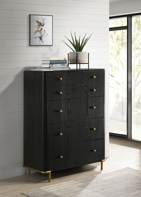 Arini Bedroom Storage & Vanity Collection - Dresser, Chest, Nightstand, Mirrors & Vanity in Black with Aged Brass - lifestyle