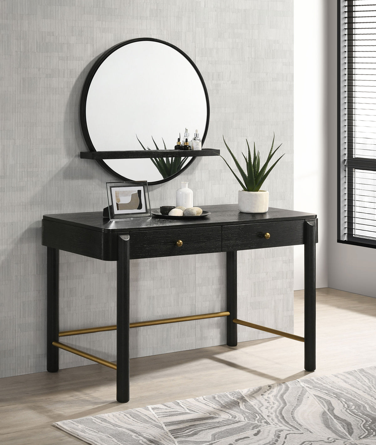 Arini Bedroom Storage & Vanity Collection - Dresser, Chest, Nightstand, Mirrors & Vanity in Black with Aged Brass - lifestyle