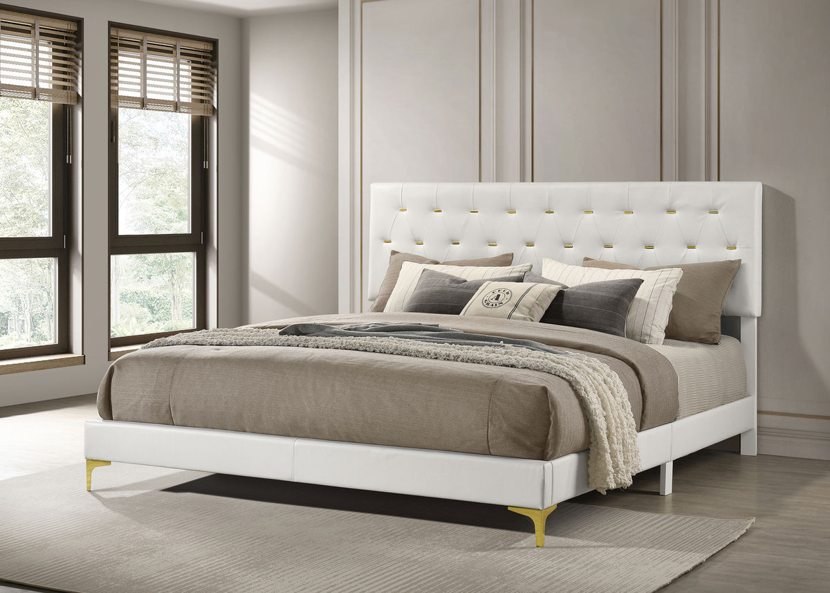 Kendall Diamond-Tufted Upholstered Bed & Bedroom Sets - Modern Glam White with Gold Accents, Queen to Cal King - lifestyle