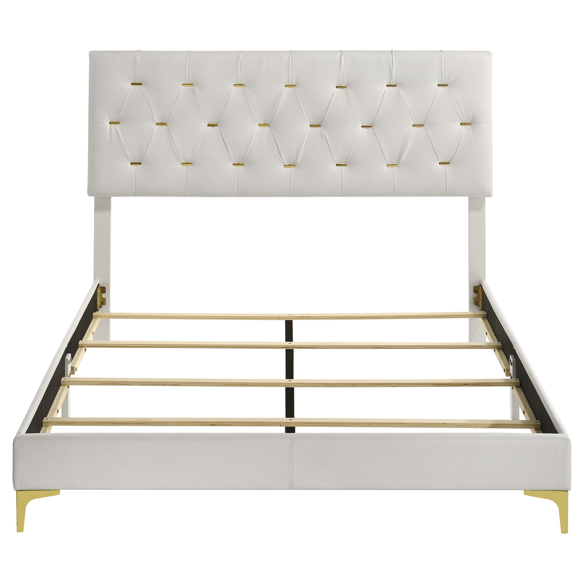 Kendall Diamond-Tufted Upholstered Bed & Bedroom Sets - Modern Glam White with Gold Accents, Queen to Cal King
