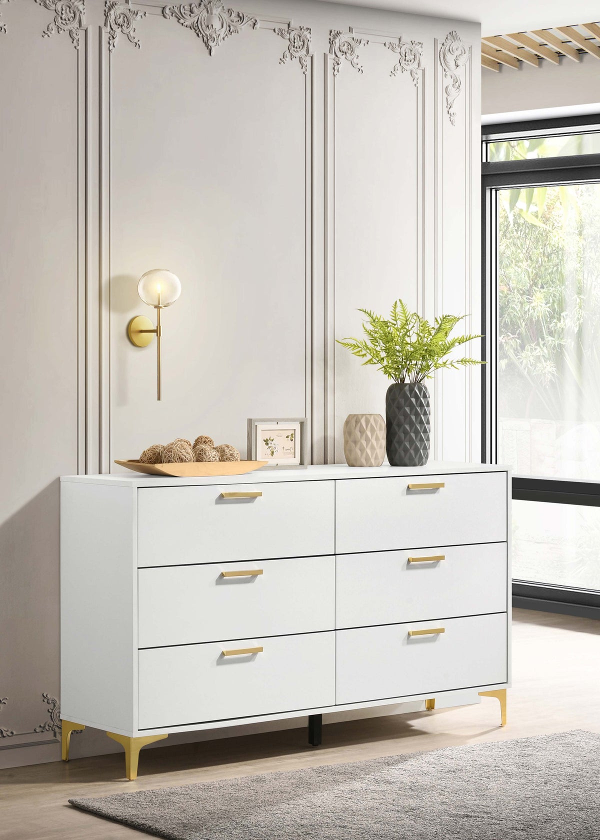 Kendall Diamond-Tufted Upholstered Bed & Bedroom Sets - Modern Glam White with Gold Accents, Queen to Cal King - lifestyle
