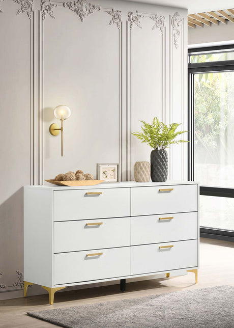 Kendall Diamond-Tufted Upholstered Bed & Bedroom Sets - Modern Glam White with Gold Accents, Queen to Cal King - lifestyle