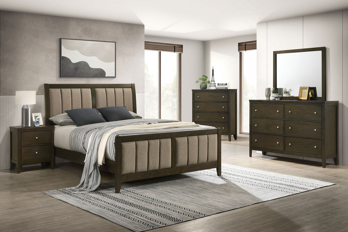 Wilkes Channel-Tufted Upholstered Panel Bed & Bedroom Sets - 5pcs- California King Bed + Nightstand + Dresser + Mirror + Chest