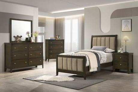 Wilkes Channel-Tufted Upholstered Panel Bed & Bedroom Sets - 5pcs- Twin Bed + Nightstand + Dresser + Mirror + Chest