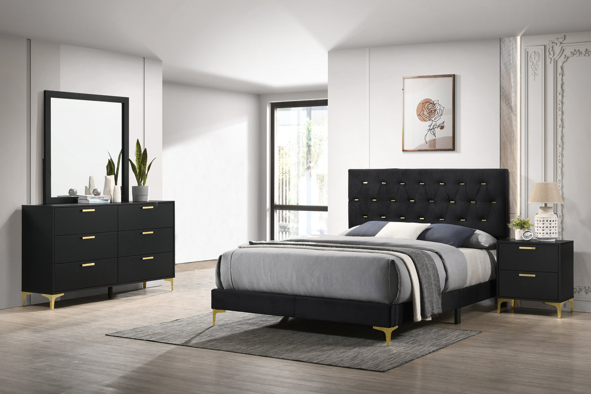Kendall Diamond-Tufted Velvet Panel Bed & Bedroom Sets - 4pcs- Eastern King Bed + Nightstand + Dresser + Mirror