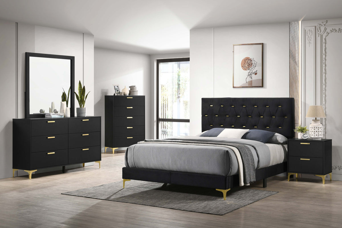 Kendall Diamond-Tufted Velvet Panel Bed & Bedroom Sets - 5pcs- Eastern King Bed + Nightstand + Dresser + Mirror + Chest