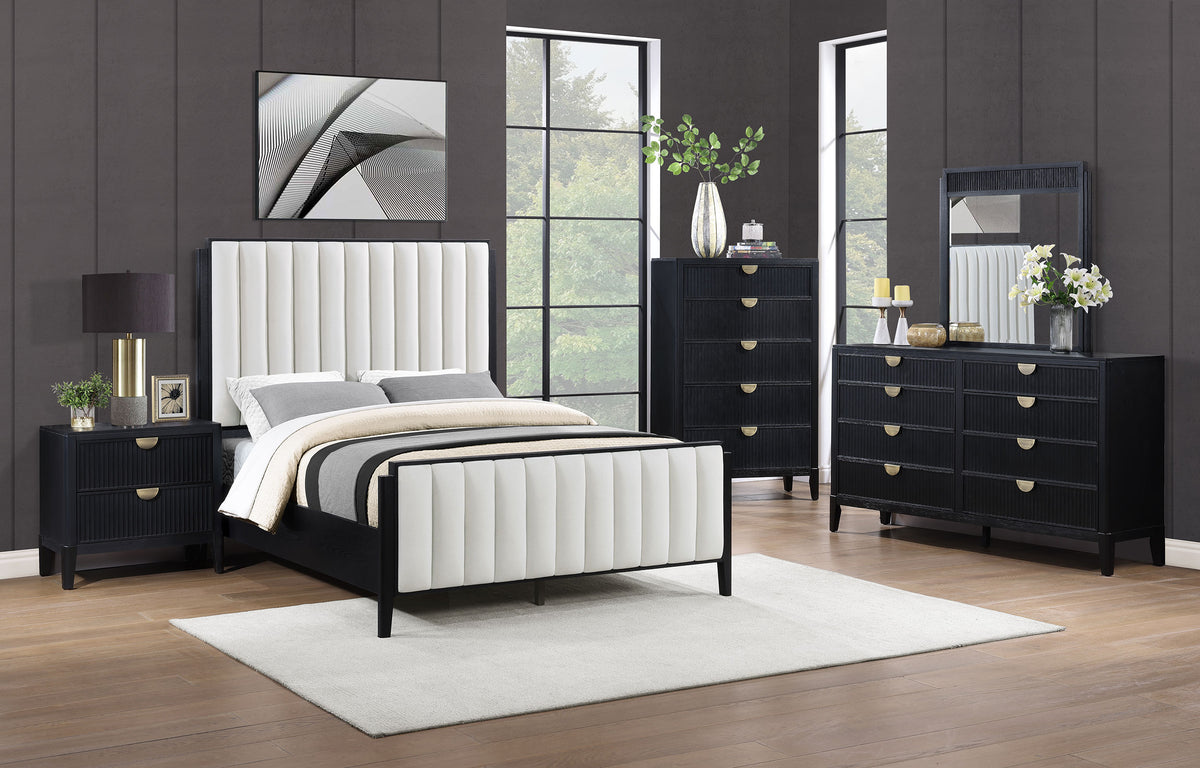 Brookmead Fluted Panel Bed & Bedroom Sets - 5pcs- California King Upholstered Bed + Dresser + Mirror + Nightstand + Chest