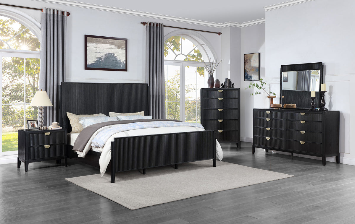Brookmead Fluted Panel Bed & Bedroom Sets - 5pcs- Queen Wood Panel Bed + Dresser + Mirror + Nightstand + Chest
