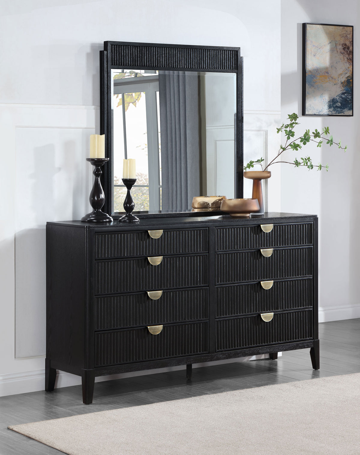 Brookmead Fluted Panel Bed & Bedroom Sets - Wire-Brushed Black with Wood or Ivory Upholstered Headboard, Queen to California King - lifestyle