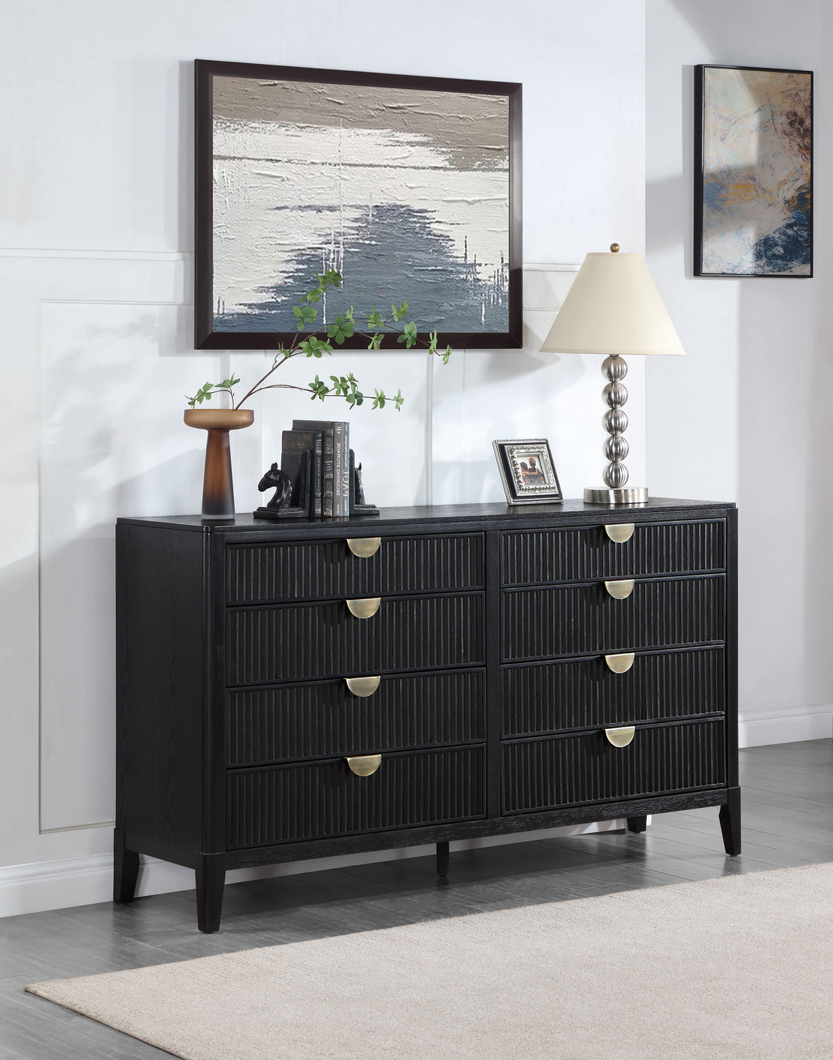 Brookmead Fluted Panel Bed & Bedroom Sets - Wire-Brushed Black with Wood or Ivory Upholstered Headboard, Queen to California King - lifestyle