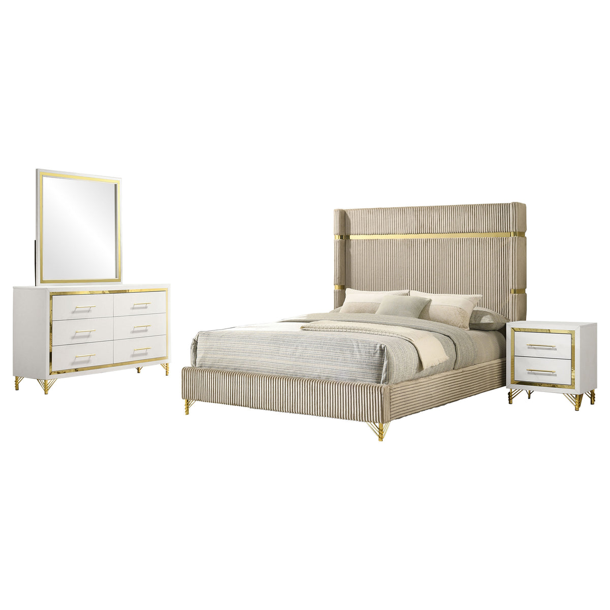 Lucia Fluted Velvet Wingback Bed & Bedroom Sets - Beige Bed with White & Gold Case Pieces, Queen & Eastern King – view 17