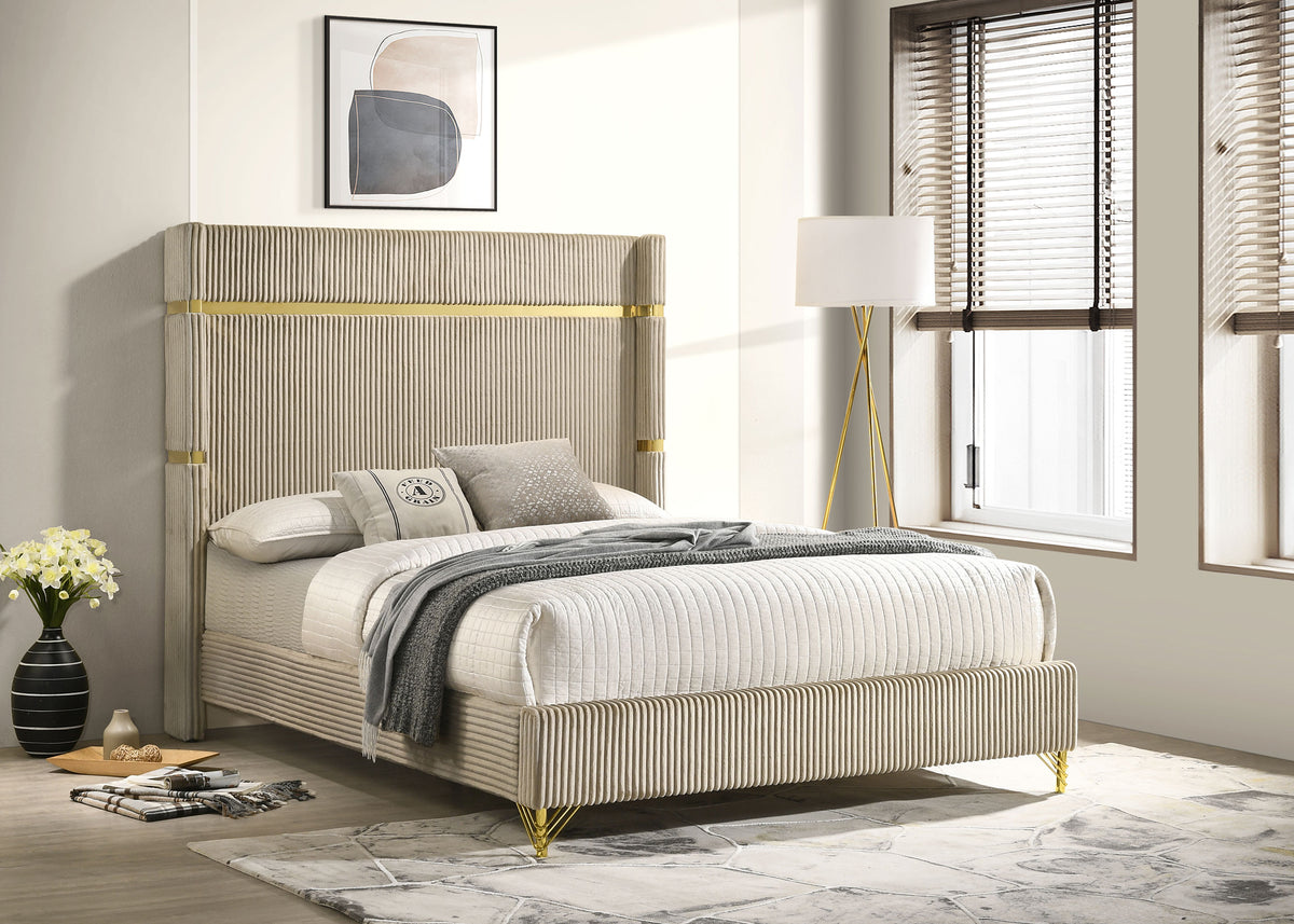 Lucia Fluted Velvet Wingback Bed & Bedroom Sets - Beige Bed with White & Gold Case Pieces, Queen & Eastern King – view 1
