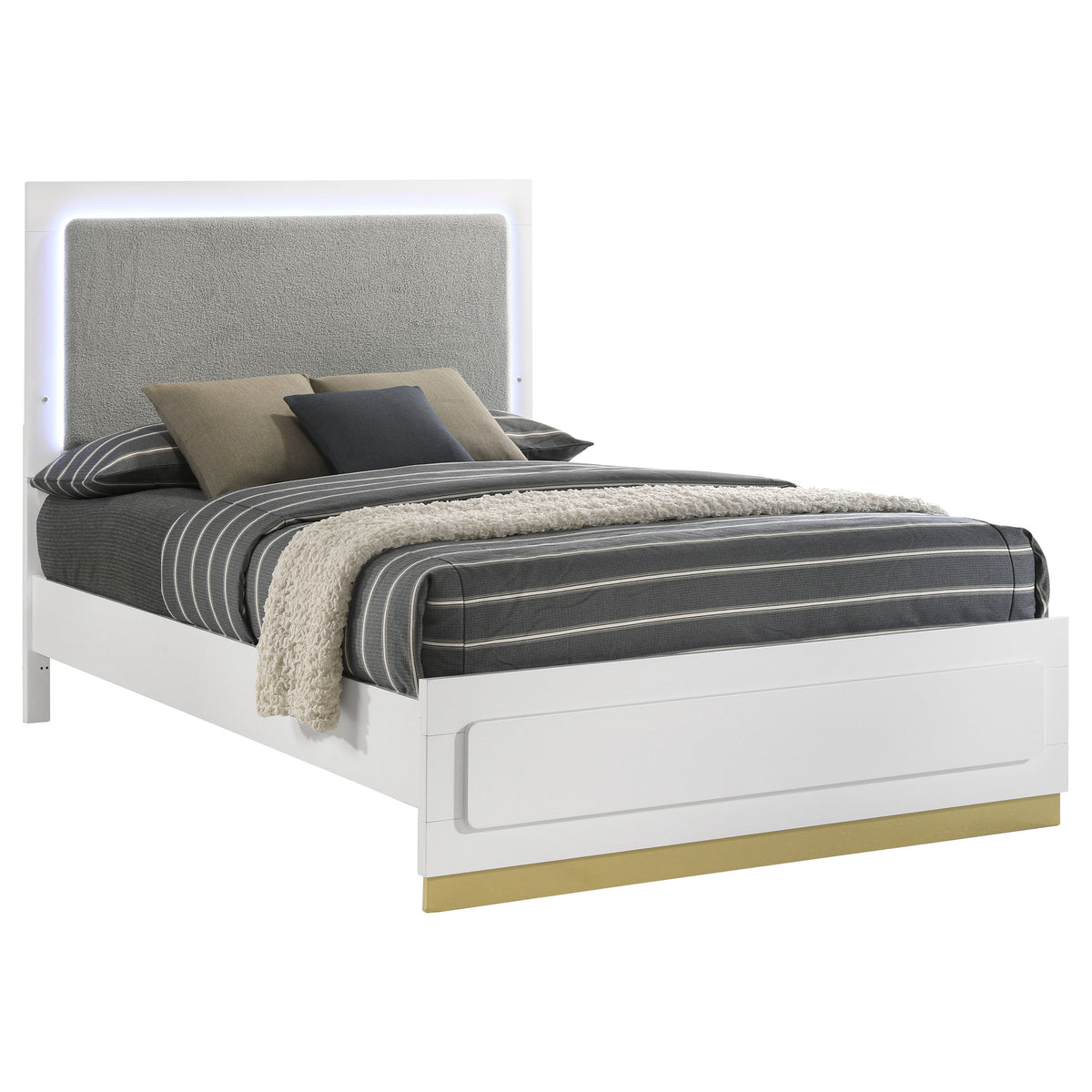 Caraway LED Panel Bed & Bedroom Sets - Upholstered Headboard in White with Gold Accents, Queen & King – view 15