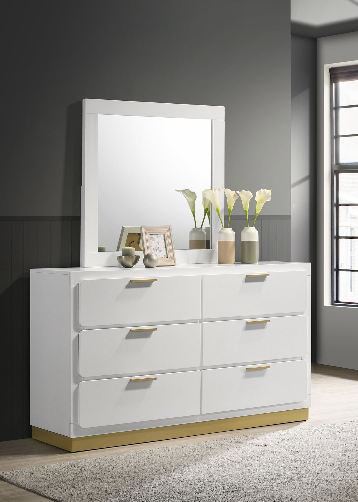 Caraway LED Panel Bed & Bedroom Sets - Upholstered Headboard in White with Gold Accents, Queen & King - lifestyle